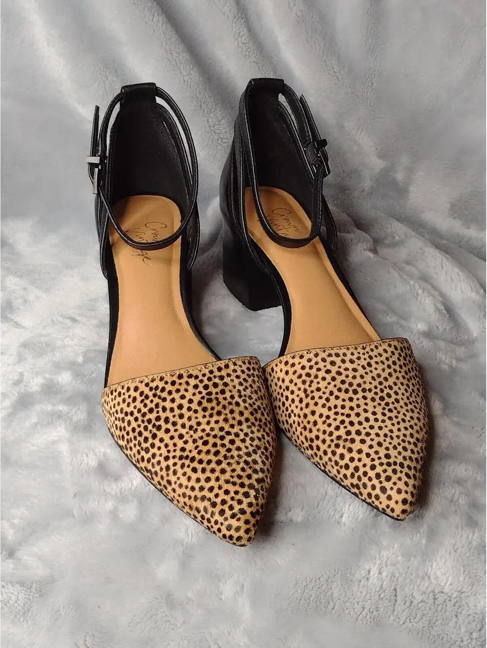 CROWN VINTAGE Vavi Black Tan Leopard Print Ankle Strap Block Heel D’orsay Pumps - Picture 1 of 8